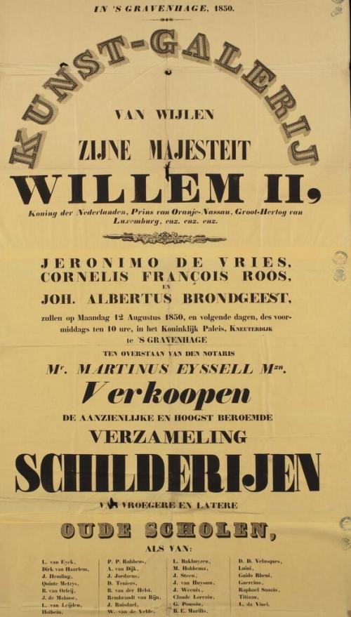 Aanplakbiljet van de verkoop van voorwerpen uit de kunstgalerij van koning Willem II, 12 augustus 1850