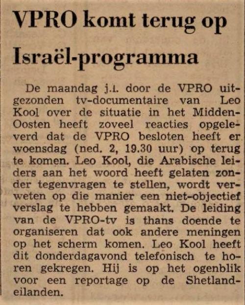 Leeuwarder Courant VPRO komt terug op Israel programma