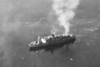 The Oryoku Maru under attack at Olongapo, Luzon, 14-15 December 1944.