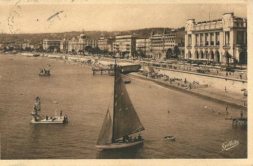 Ansichtkaart met luxe hotels aan de promenade, Nice jaren 30