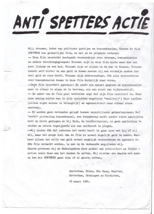 Pamflet dat door NASA &#039;80 (Nederlandse Anti-Spetters Actie &#039;80) werd uitgedeeld aan bioscoopgangers