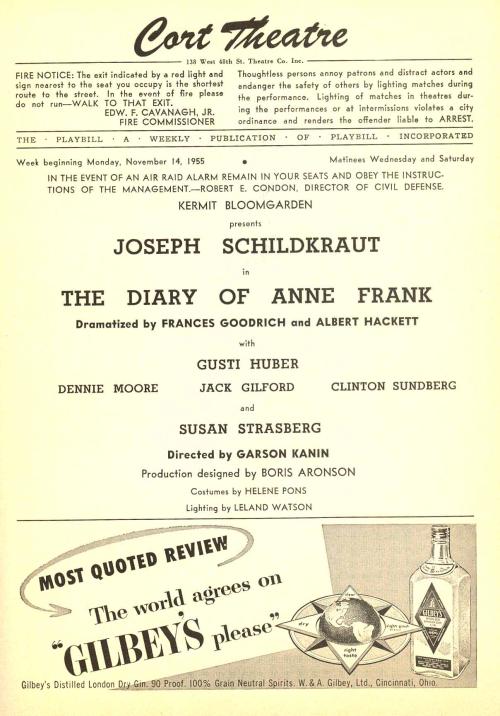 Aankondiging toneelstuk Anne Frank 1955 (Broadway)