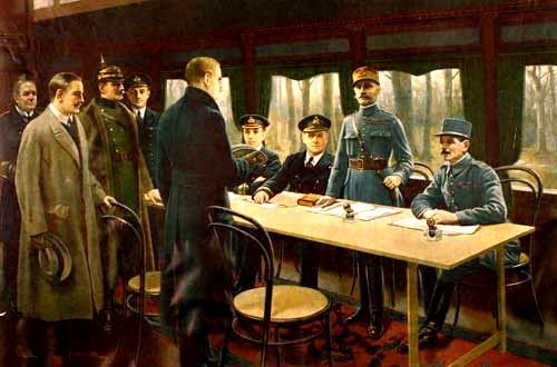 Ondertekening van de wapenstilstand in een spoorwagon bij Versailles, op 11 november 1918 om 11 uur (naar een anoniem schilderij)