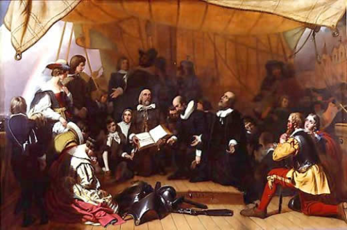 &quot;The Embarkation of the Pilgrims&quot; (1857) door de Amerikaanse schilder Robert Walter Weir, te zien bij het Brooklyn Museum in New York City