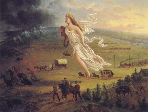 'American Progress' (1872) door John Gast is allegorie op de modernisering van het nieuwe westen van de Verenigde Staten. 